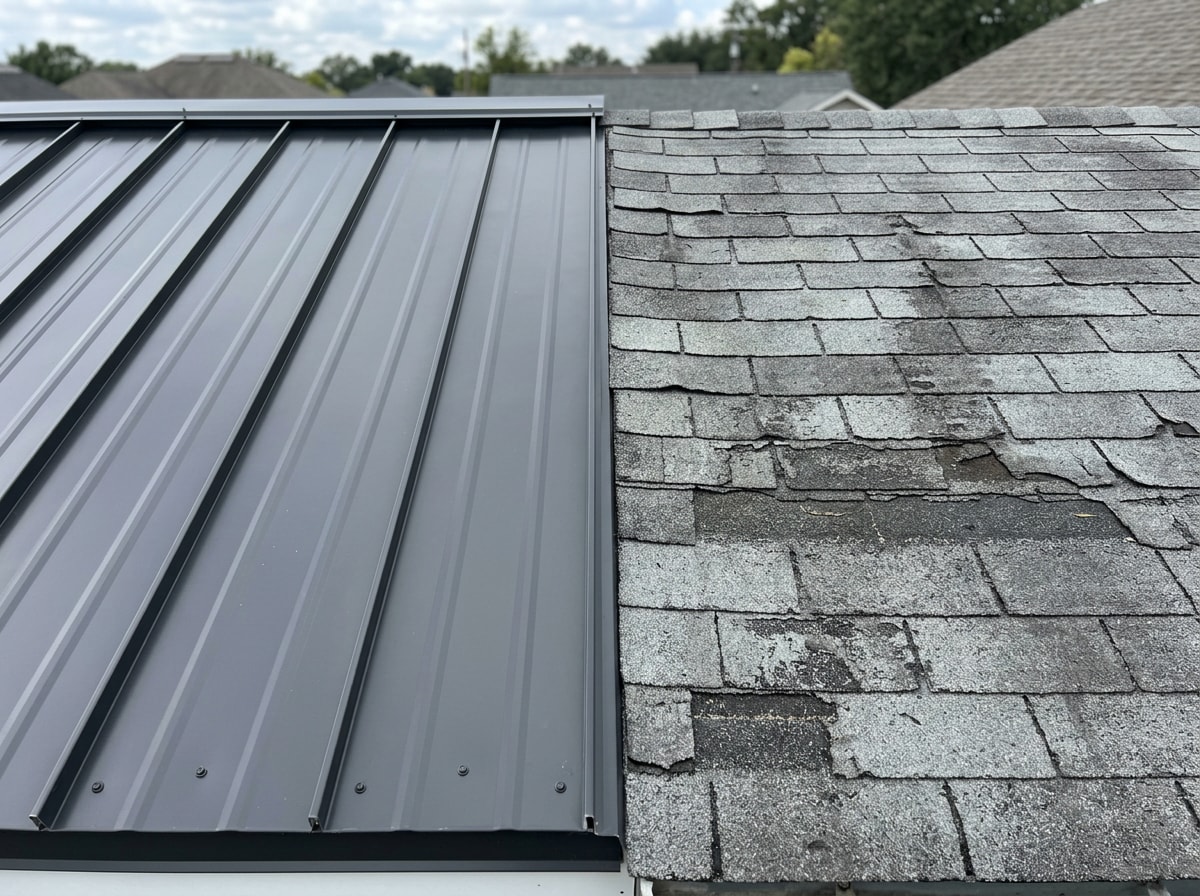 Infographic comparing pros and cons of metal roofs versus shingle roofs