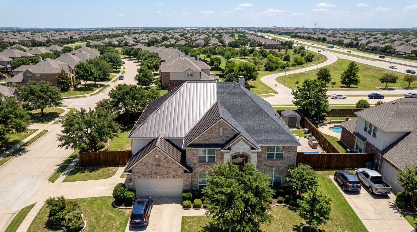 Side-by-side comparison of a metal roof and an asphalt shingle roof on the same style home Side-by-side comparison of a metal roof and an asphalt shingle roof on the same style home