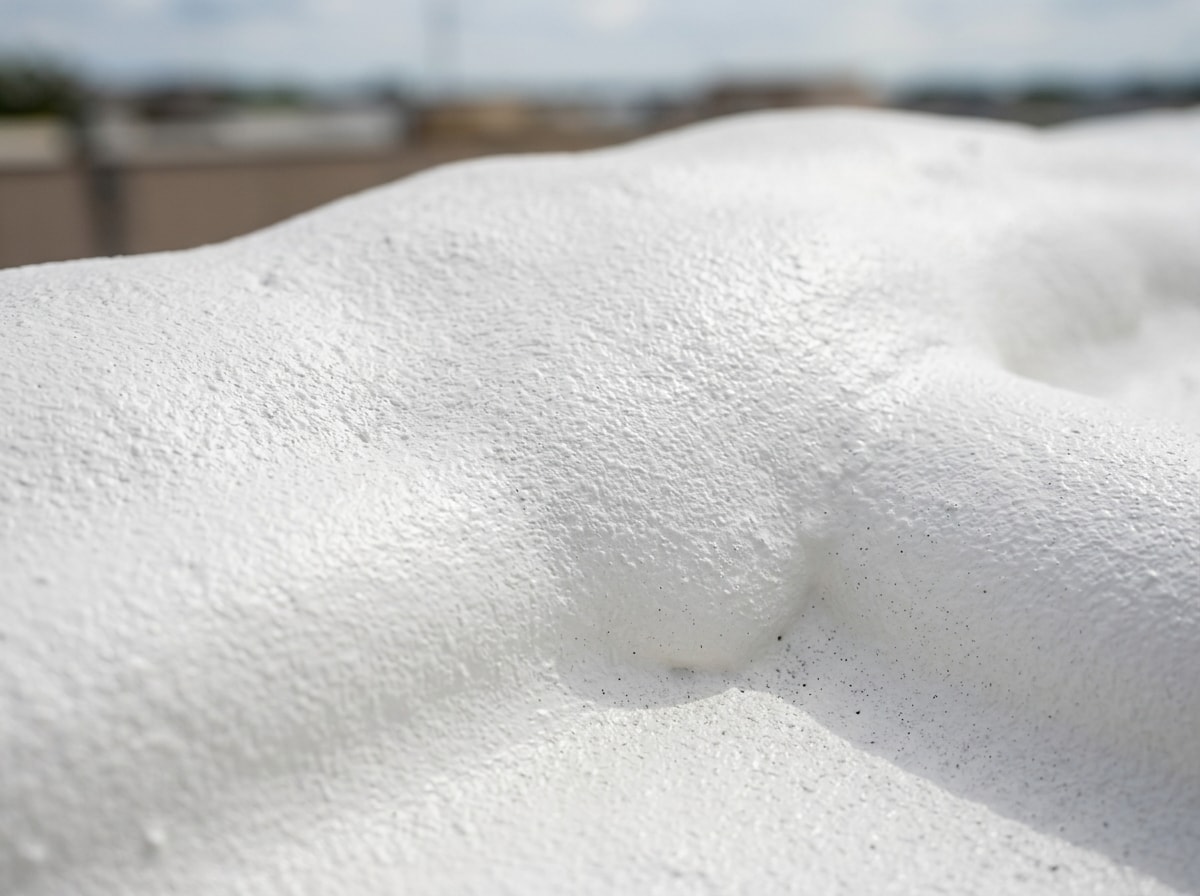 Close-up of cured spray polyurethane foam roofing surface with a white elastomeric coating applied