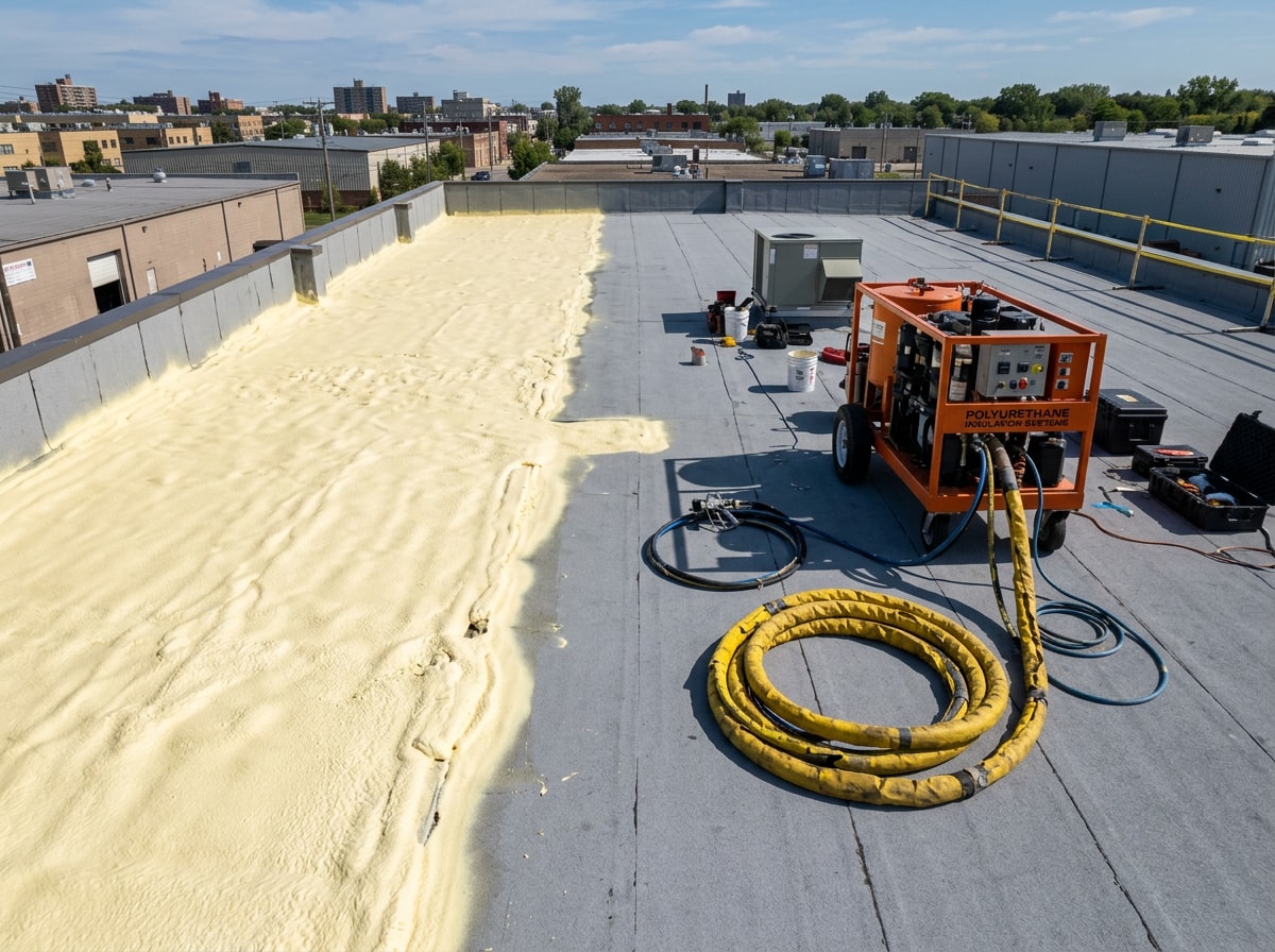Spray foam rig and coiled hose on a commercial rooftop with a freshly sprayed section of foam, no workers visible