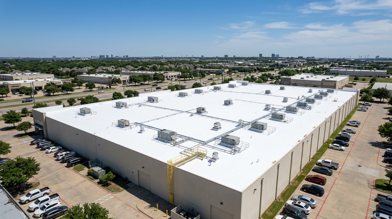Aerial view of a seamless white SPF spray foam roof on a Fort Worth commercial building