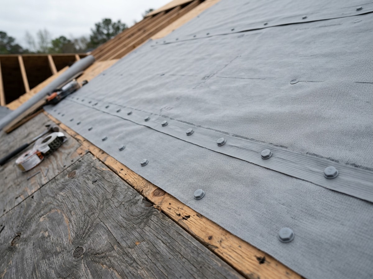 Close-up photo of synthetic roof underlayment being installed over plywood decking