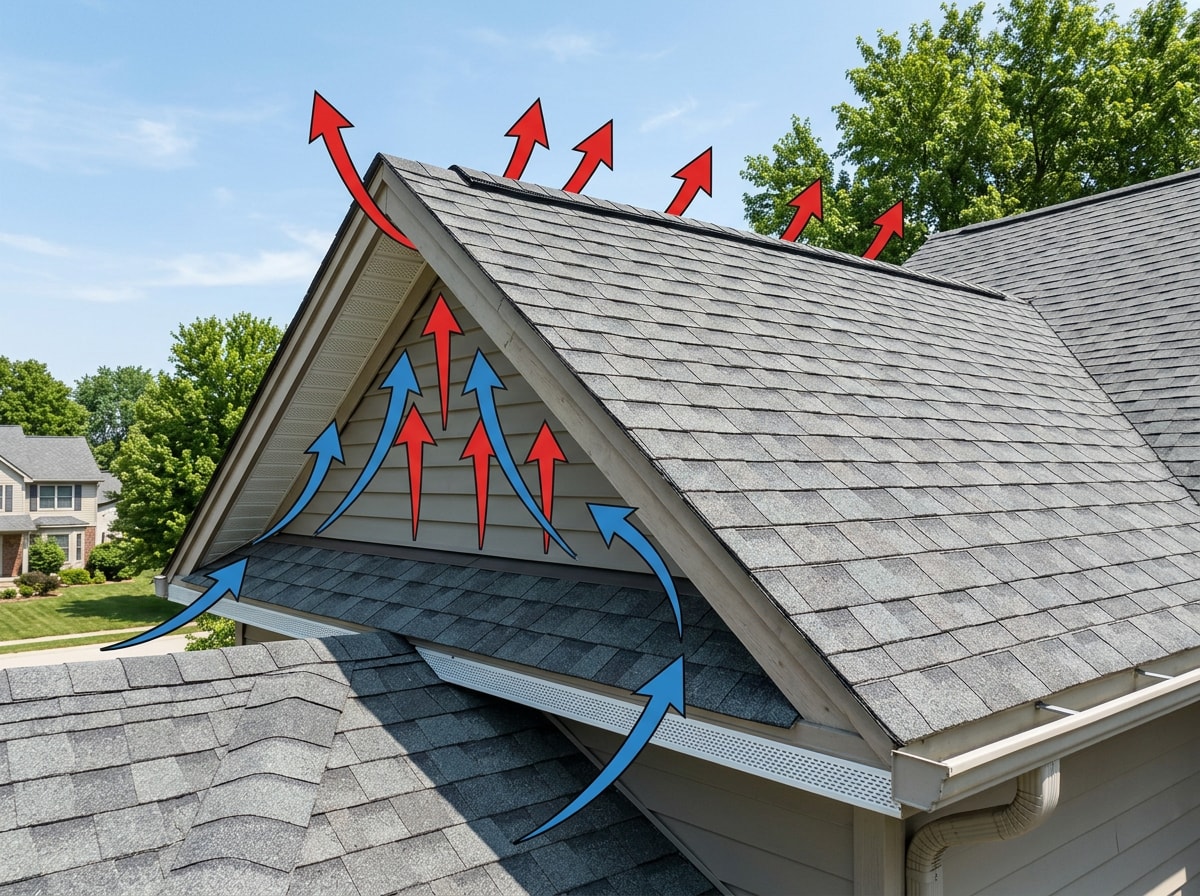 Diagram showing airflow through ridge vents and soffit vents beneath roof shingles