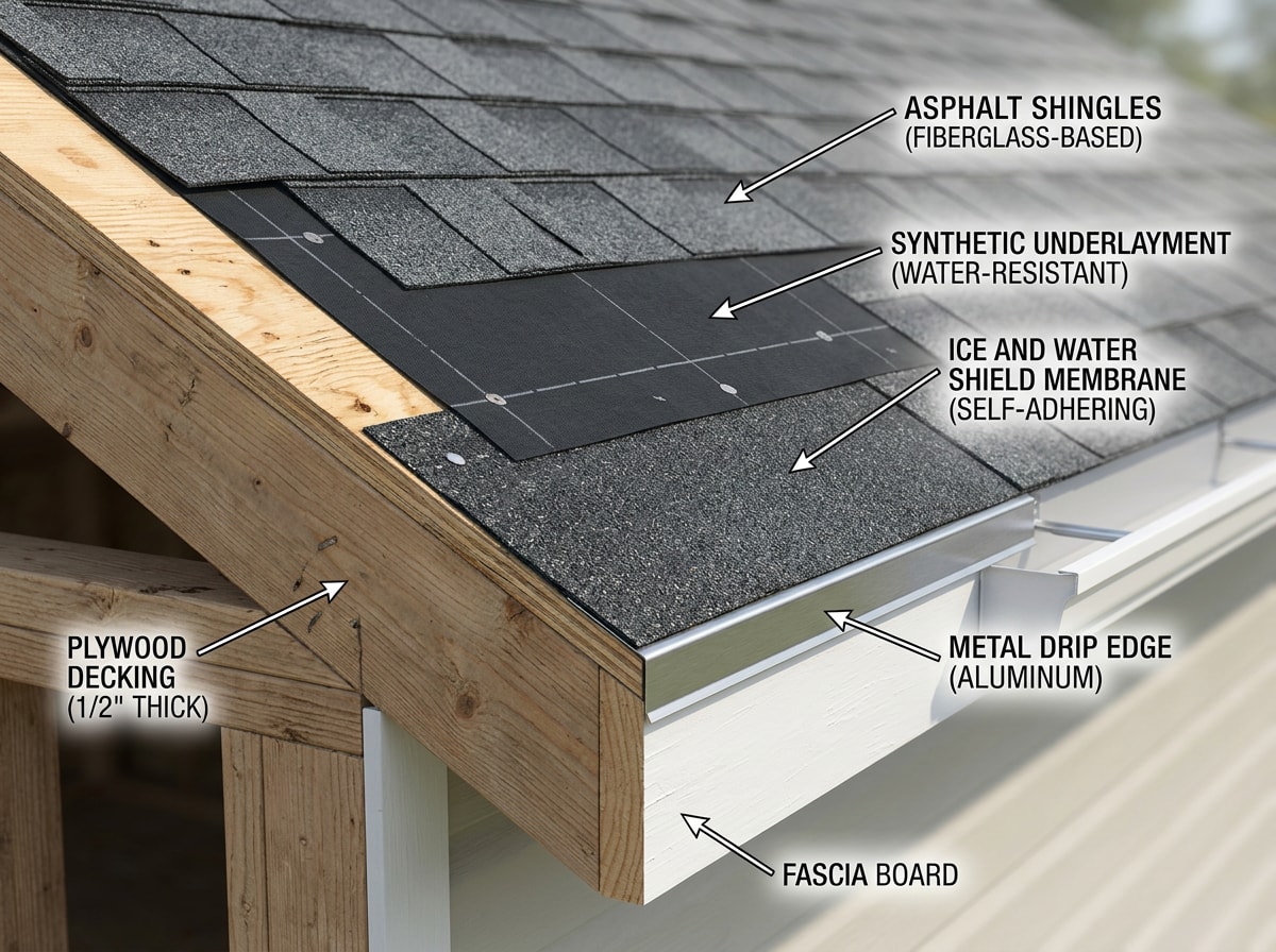 Labeled cutaway diagram showing roof layers under shingles including decking, underlayment, and flashing