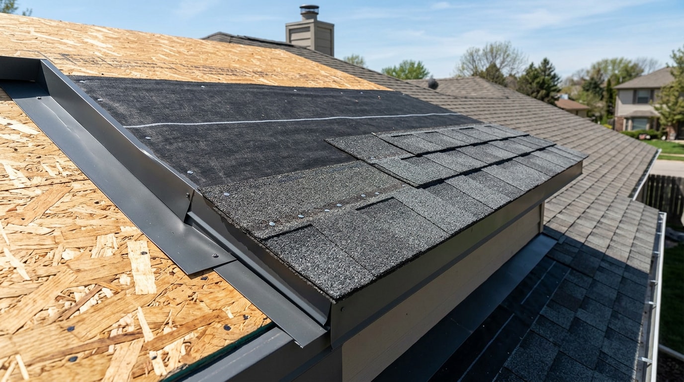 Cutaway view of a shingle roof showing decking, underlayment, drip edge, and shingle layers Cutaway view of a shingle roof showing decking, underlayment, drip edge, and shingle layers