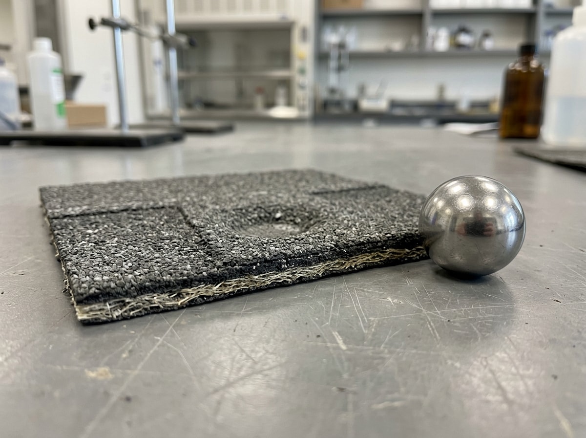 Cross-section of a Class 4 shingle sample after a steel ball drop test showing no cracking