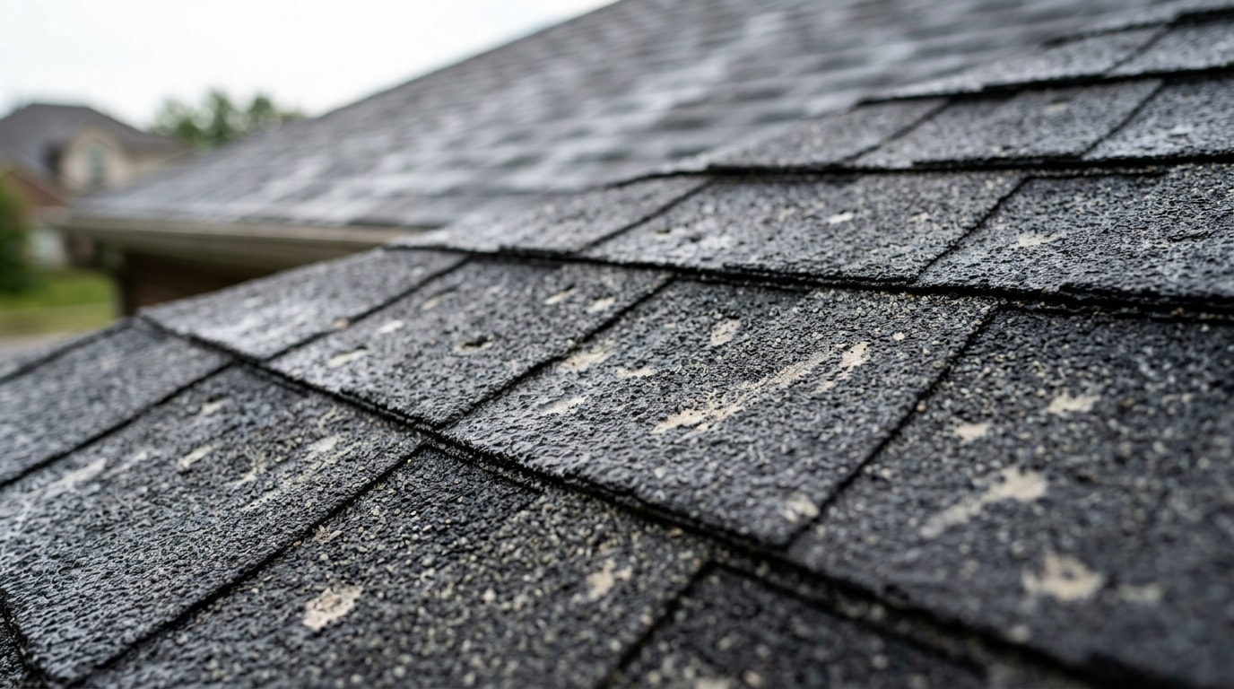 Close-up of Class 4 impact-resistant asphalt shingles on a residential roof after hail Close-up of Class 4 impact-resistant asphalt shingles on a residential roof after hail