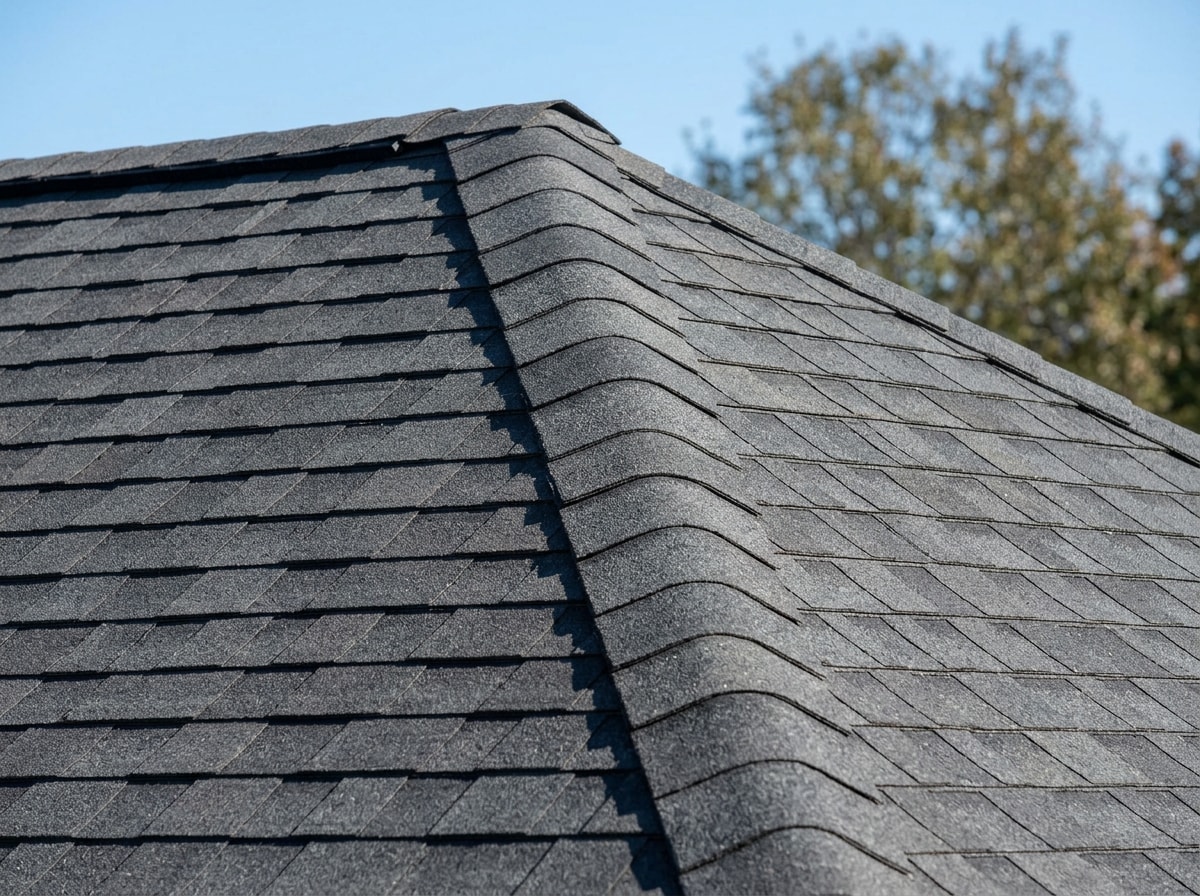 Diagram comparing a ridge cap row folded over the roof peak versus flat field shingles below it