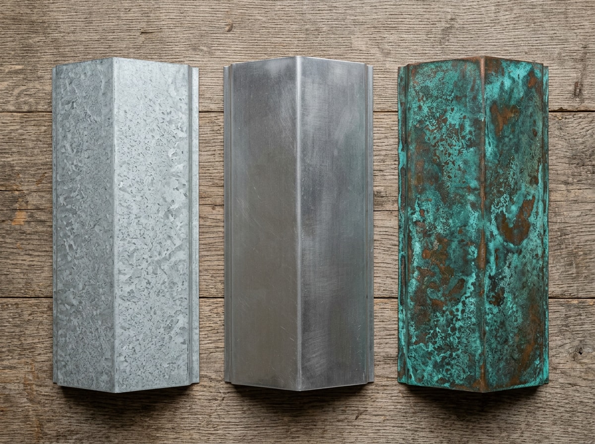Comparison chart showing metal ridge cap material options including galvalume, aluminum, and copper