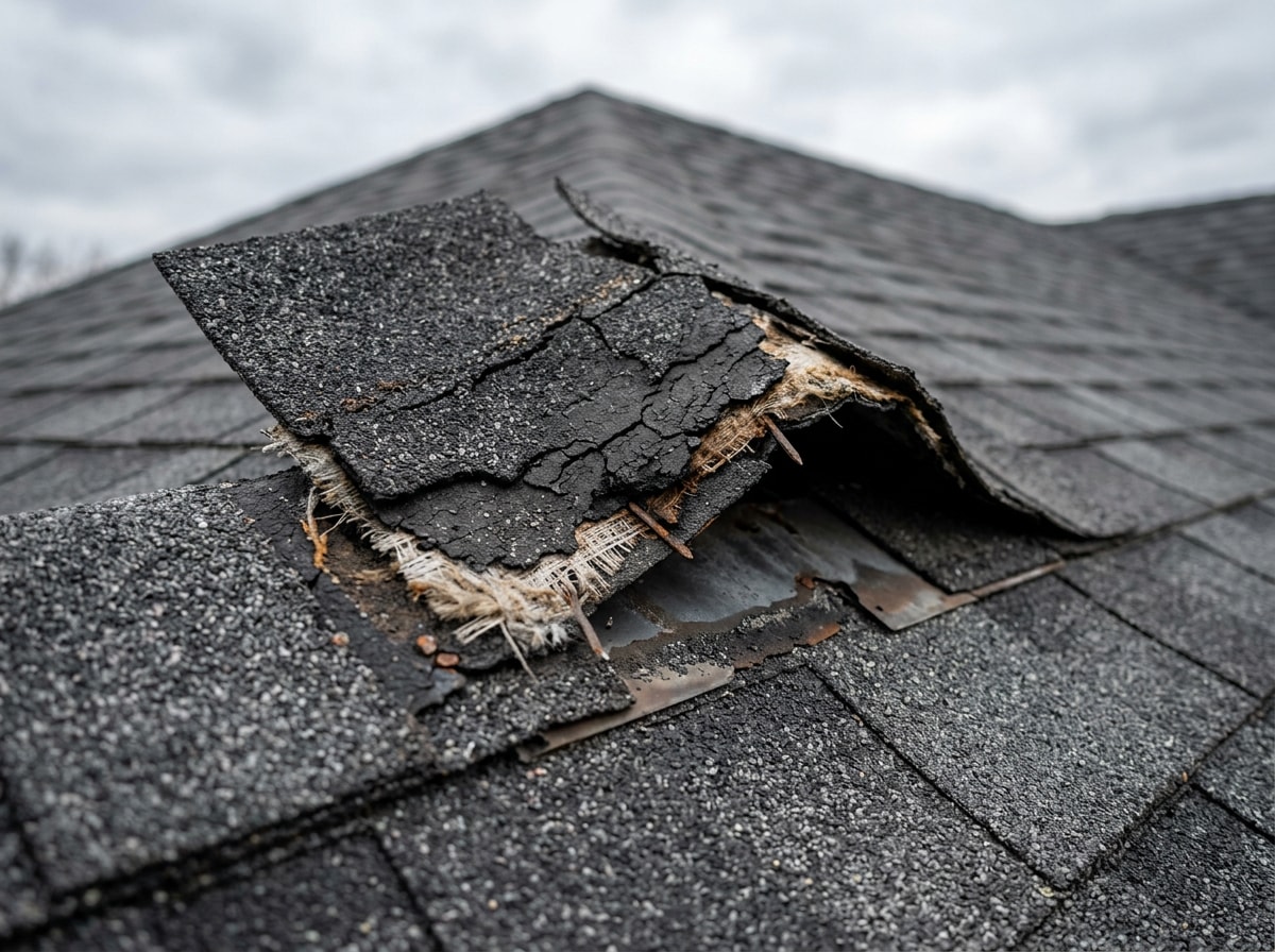 Close-up photo of a cracked and lifted ridge cap shingle showing wind damage and granule loss along a roof peak