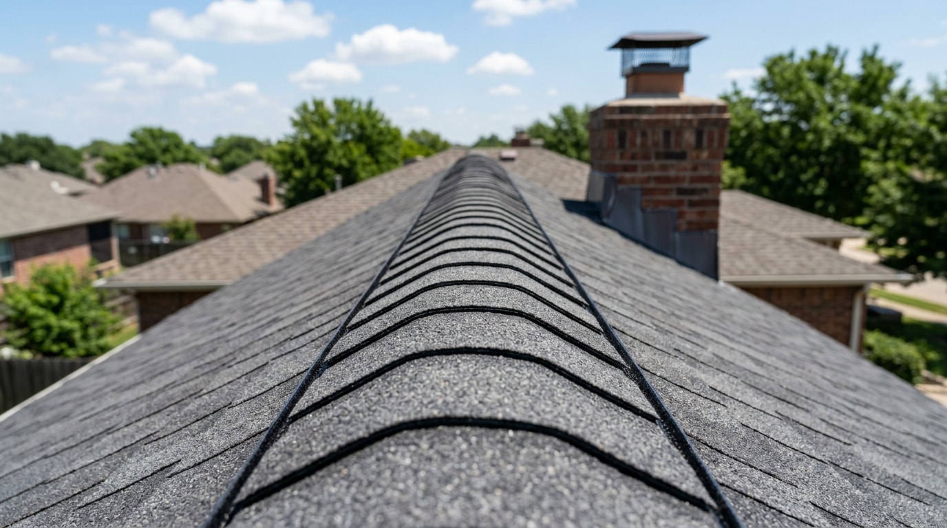 Finished asphalt ridge cap running along the peak of a residential shingle roof