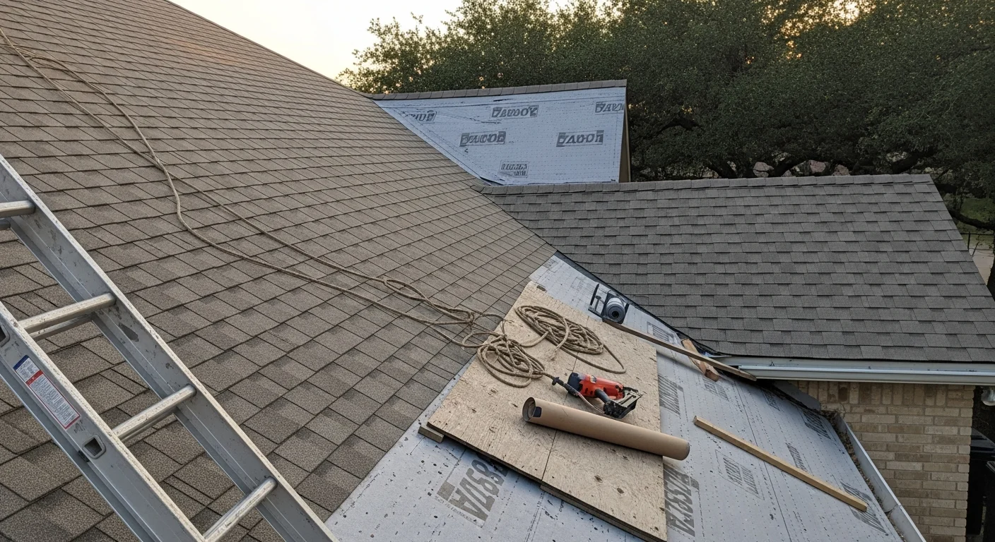 Roofer installing shingles on residential home roof