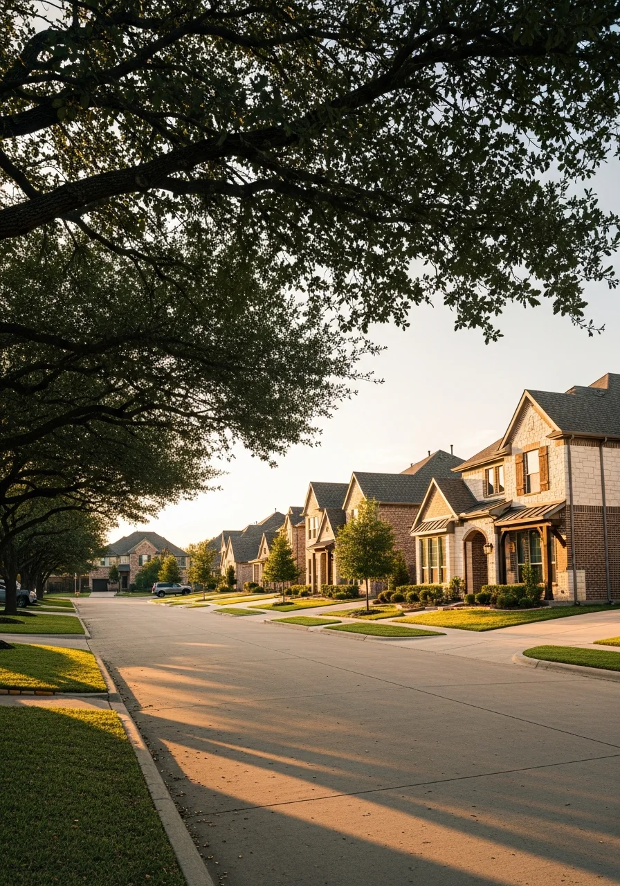 Frisco residential street lined with contemporary homes and mature trees in a master-planned community setting.