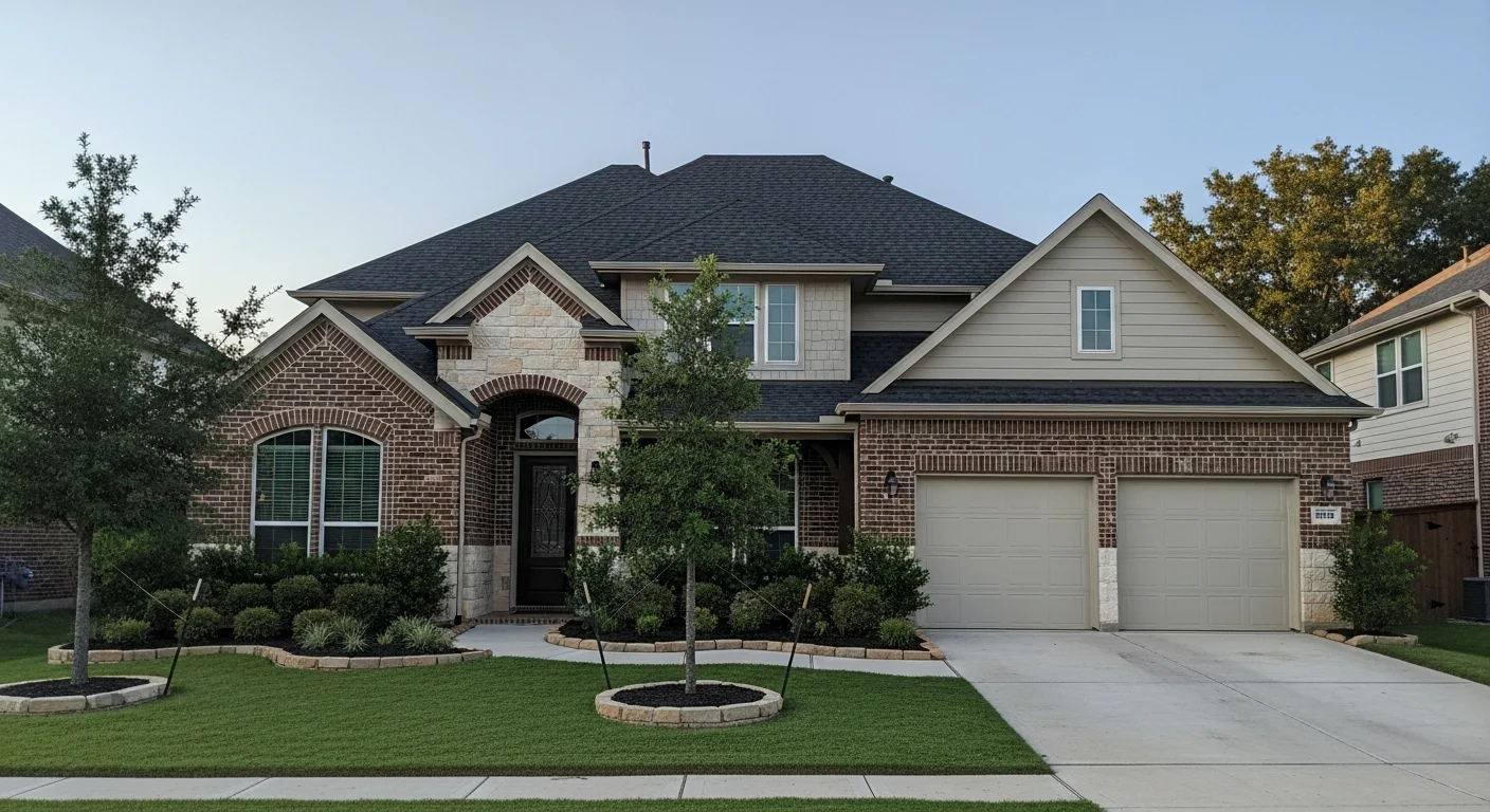 Modern Frisco home with manicured landscaping and new construction details visible in the driveway and exterior.