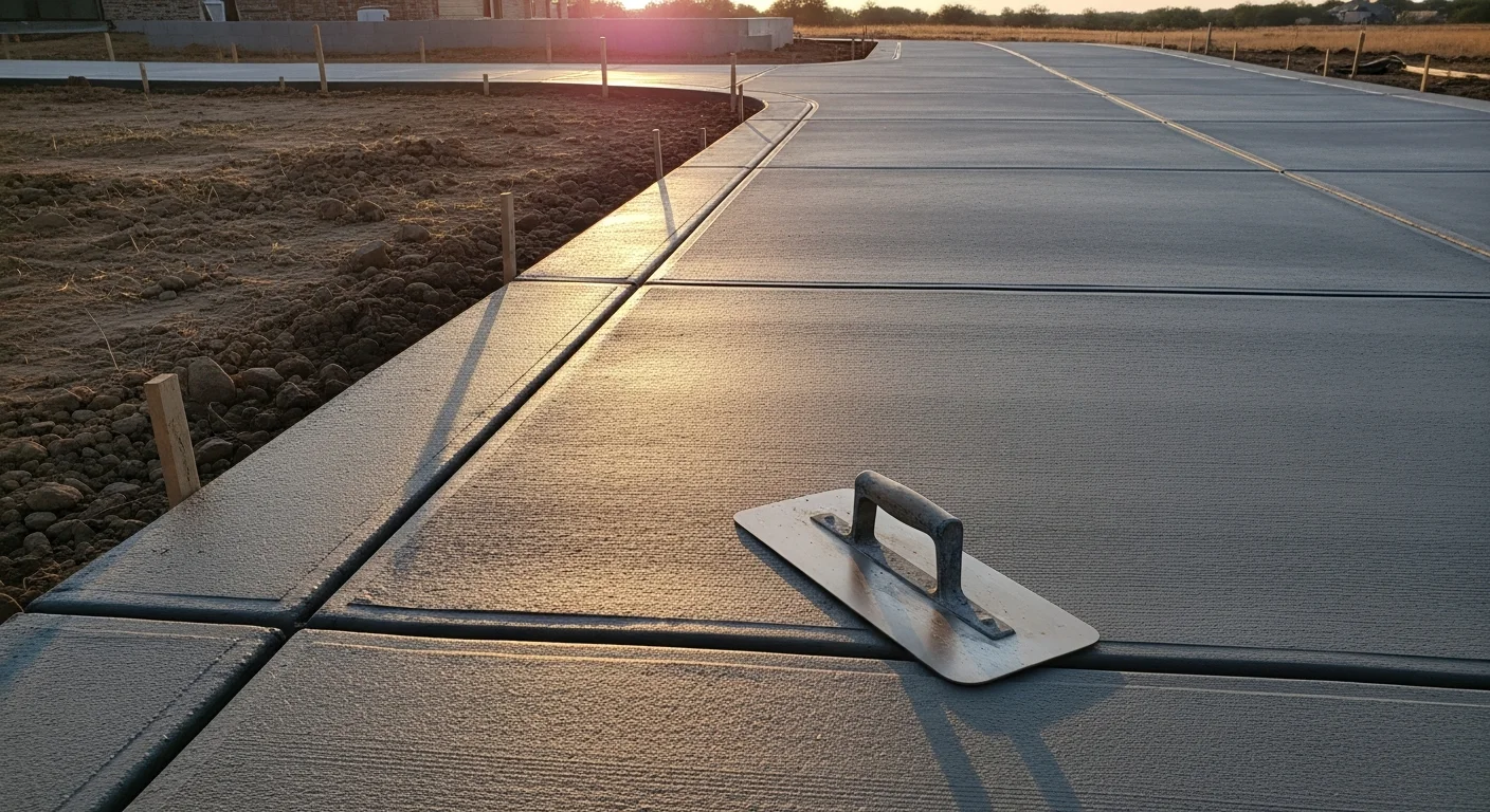 Newly installed concrete driveway at a residential home in Frisco, Texas, showing a smooth broom-finished surface with clean edges and proper slope away from the garage. The driveway reflects a reinforced installation suited to North Texas clay soil conditions.