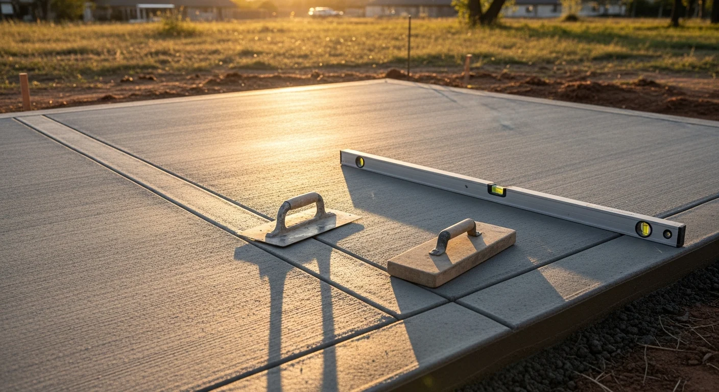 Freshly finished concrete driveway at a residential property in Frisco, TX, showing a smooth broom-textured surface with clean edges and proper slope away from the home. A stamped concrete patio with a decorative pattern is visible in the background, set against a North Texas suburban home exterior.