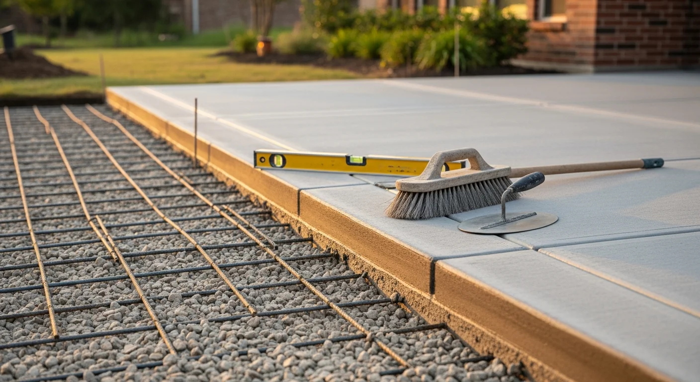 A newly installed concrete patio in a Frisco, TX residential backyard, showing a smooth broom-finished slab with clean edges and a graded surface ready for outdoor furniture. The surrounding yard reflects a typical North Texas residential property with a brick home exterior.