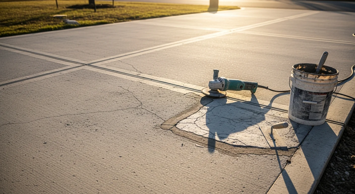 A repaired residential concrete driveway in Frisco, TX showing a smooth, level surface with filled cracks and no visible soil settlement damage. The repair work is set against a typical North Texas suburban home exterior.