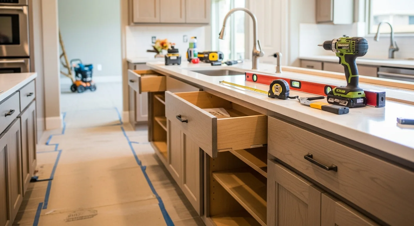 Newly installed custom wood cabinets in a Frisco kitchen with floor-to-ceiling storage, clean hardware, and a layout fitted to the room's open-concept design. The cabinets are installed by Revitalize Roofing and Construction as part of a home remodeling project in Frisco, Texas.