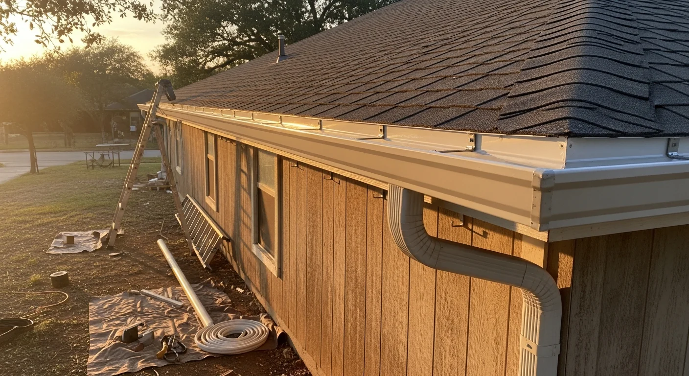 Newly installed gutters and downspouts on a single-story Frisco, Texas home, with water channeled away from the foundation along a landscaped front yard. Close-up view shows clean gutter seams and a properly angled downspout extension directing runoff away from the home's slab.
