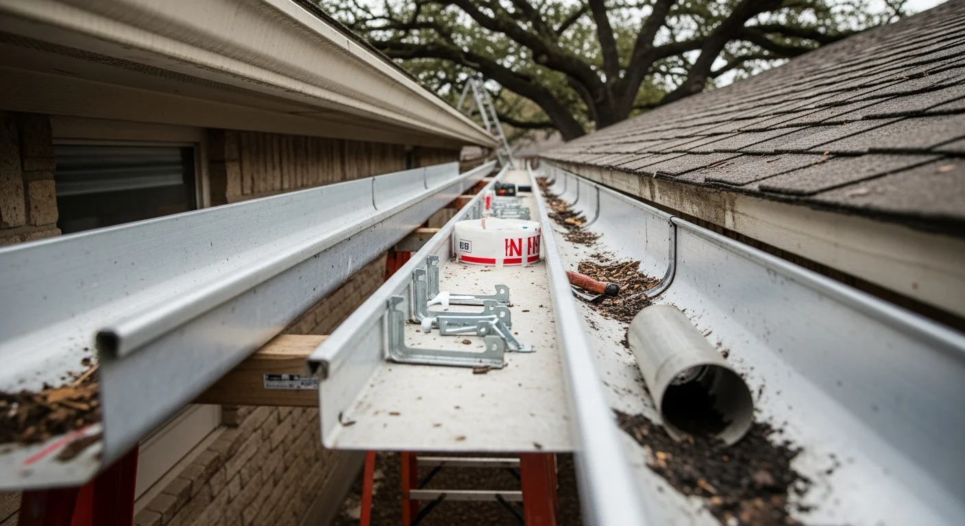 A Revitalize Roofing and Construction technician repairing a sagging gutter section on a single-story Frisco, Texas home after storm damage. The repaired channel is flush against the fascia board with a clear downspout running to the ground.