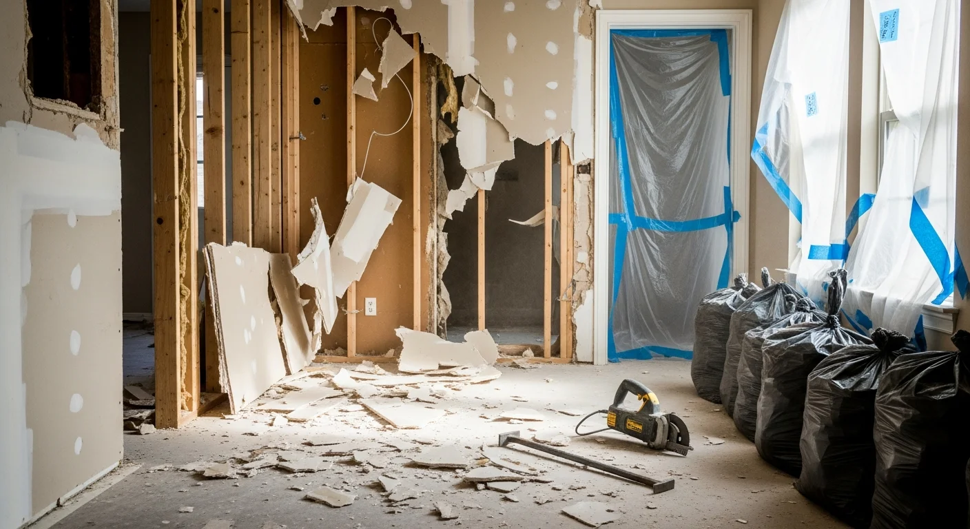 Interior demolition in progress inside a Frisco, Texas home, showing cleared walls and removed cabinetry in a kitchen remodel. The structural framing is exposed and the job site is clean, ready for the next phase of renovation.