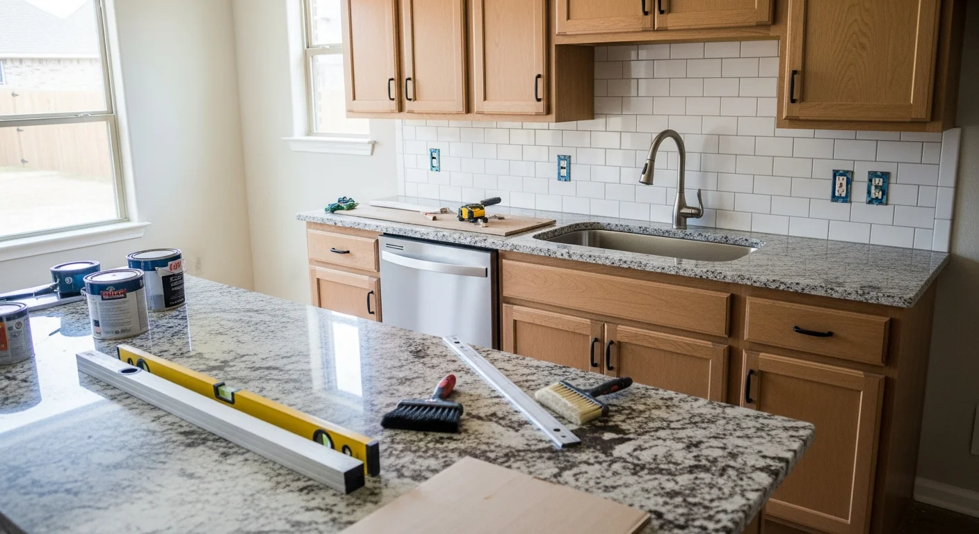 Remodeled kitchen in a Frisco, TX home featuring updated cabinetry, new countertops, and recessed lighting above an open-concept layout. Work completed by Revitalize Roofing and Construction serving the Frisco area.