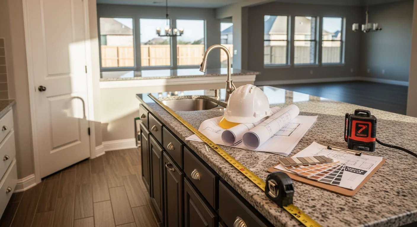 A Revitalize Roofing and Construction team member reviewing a home layout with a Frisco homeowner during an in-home remodeling consultation. The room shows an open floor plan typical of Frisco master-planned community homes.