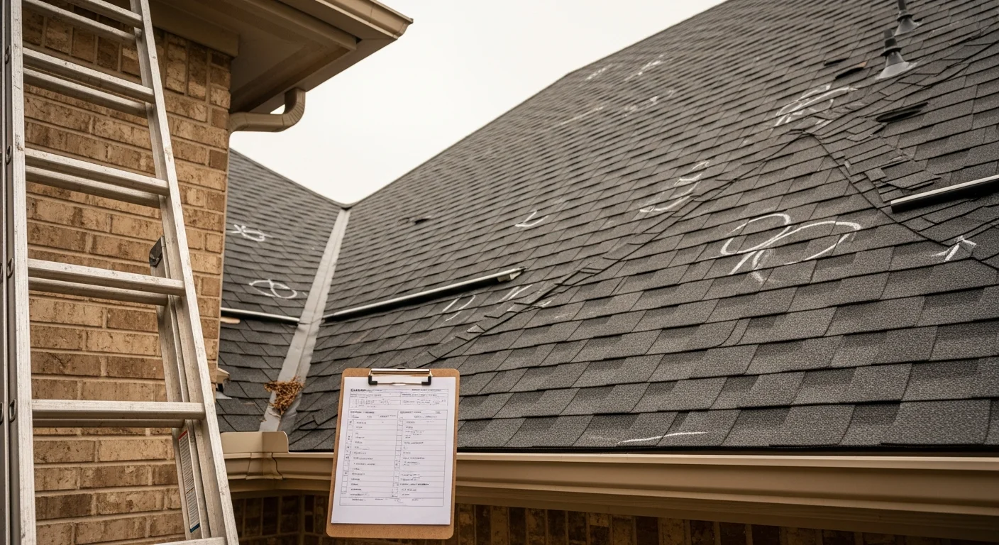 A Revitalize Roofing and Construction inspector examining shingles and flashing on a two-story Frisco, Texas home after a hailstorm. Close-up view shows granule loss and impact marks documented with a camera for an insurance inspection report.