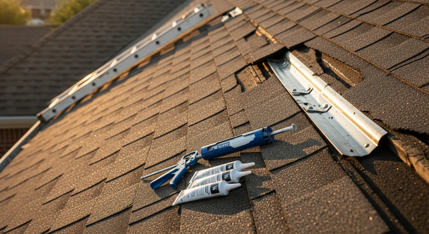 A Frisco residential rooftop showing repaired shingles and sealed flashing on a two-story home after storm damage. Close-up view of the completed repair area with uniform shingle alignment against a clear Texas sky.