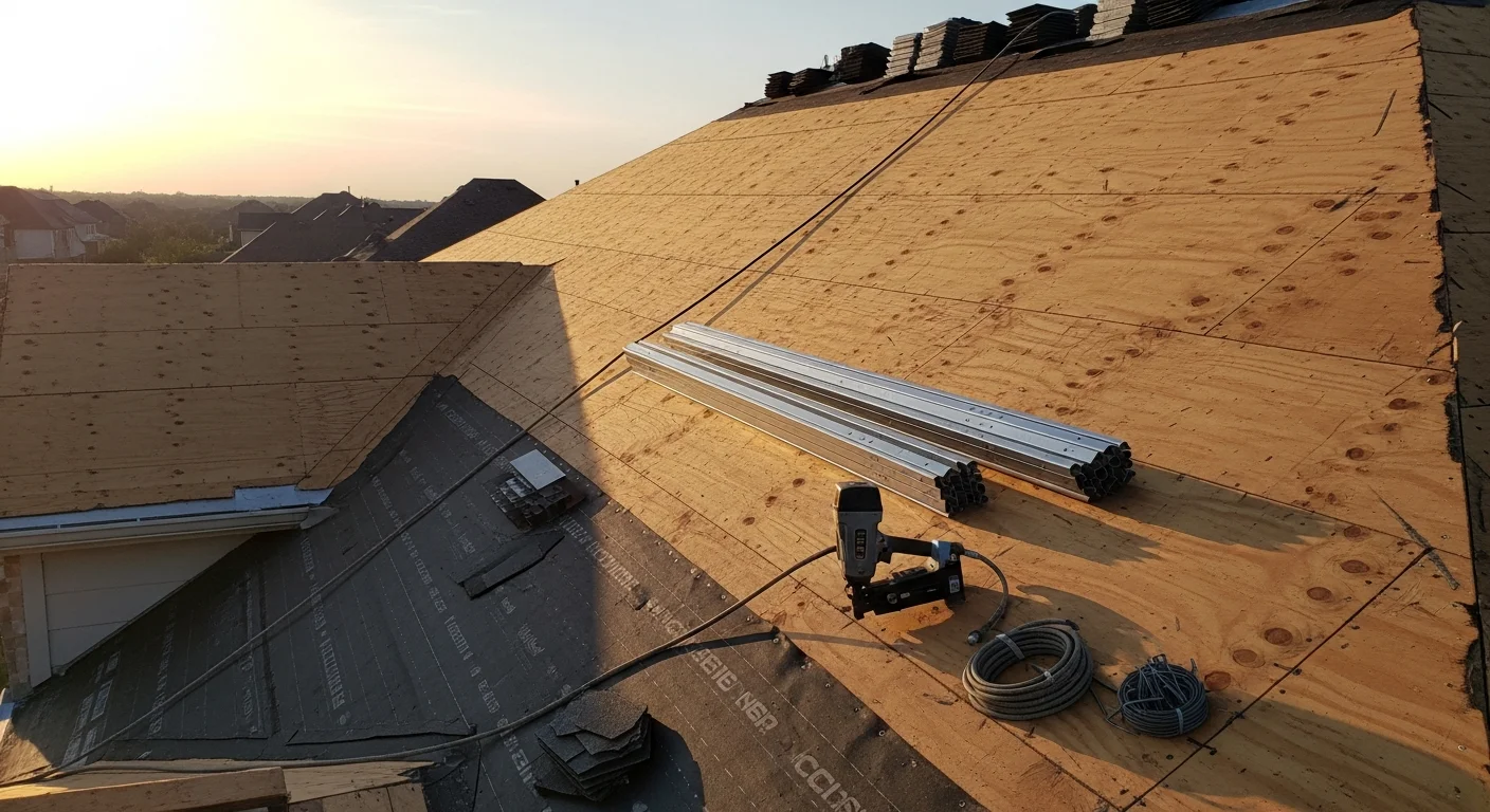 A completed residential roof replacement on a two-story Frisco, Texas home, showing new architectural shingles, clean ridge lines, and finished drip edge against a clear North Texas sky. A Revitalize Roofing and Construction crew member performs a final ground-level inspection of the finished installation.