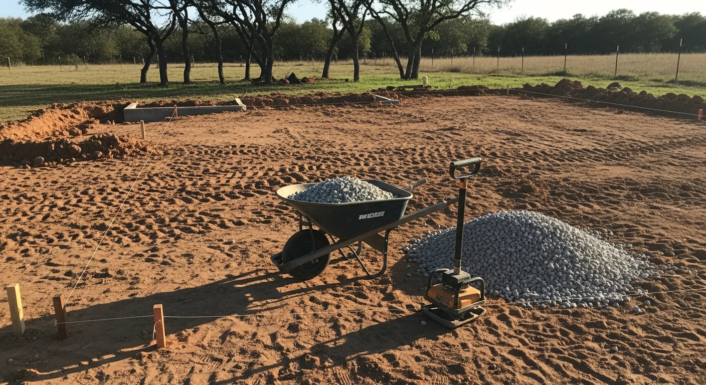 A graded and compacted construction site in Frisco, TX with cleared land, level soil, and drainage channels in place. The site is ready for concrete foundation work on a residential property.