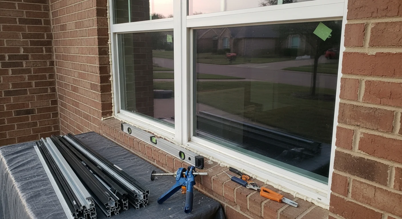 A Revitalize Roofing and Construction crew member installing a new double-hung window on a brick residential home in Frisco, Texas. The finished window sits flush in the frame with clean exterior trim and no visible gaps along the sill.