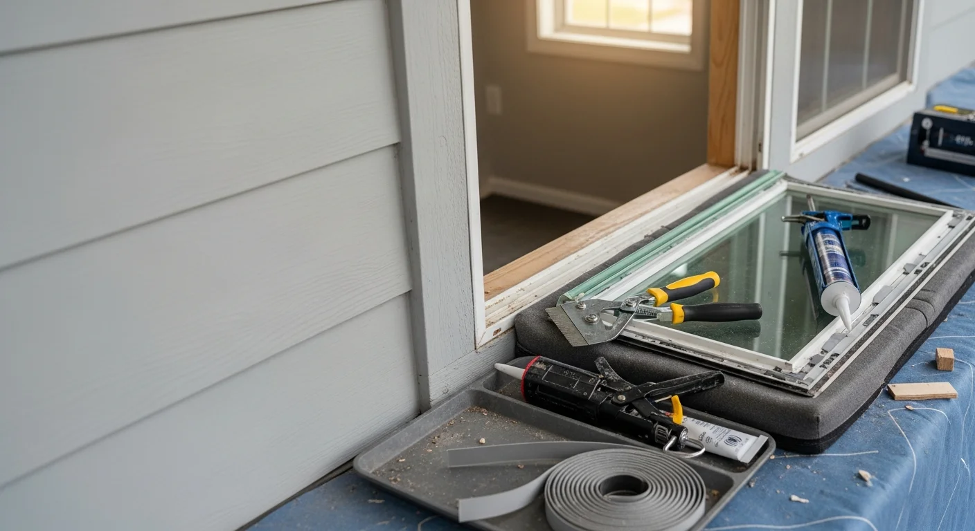 A Revitalize Roofing and Construction technician repairing a damaged window frame on a single-family home in Frisco, TX. The repaired window shows a clean, sealed frame with no visible cracks or gaps.