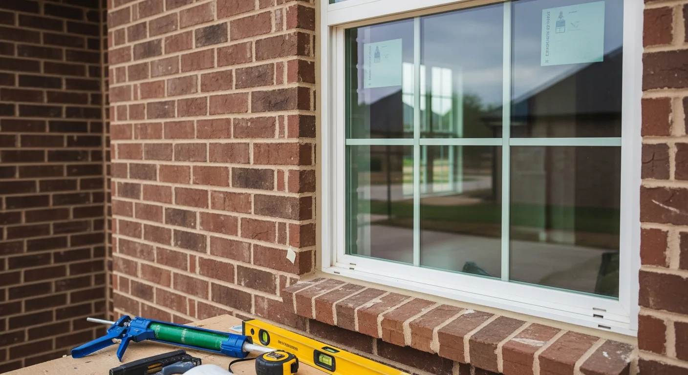 A Frisco, TX home with newly installed double-pane replacement windows set into a full brick exterior, showing clean trim work and updated frames on a residential street. Close-up view highlights the sealed frame edge and clear, fog-free glass on a sunny North Texas day.